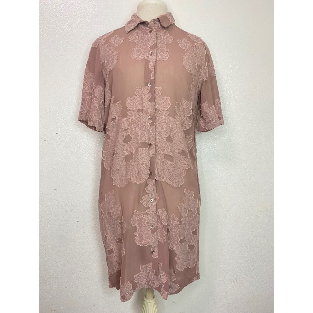 Wilfred Aritzia Mauve Pink Floral Fil Coupe Sheer Button Down Shirt Dress XS